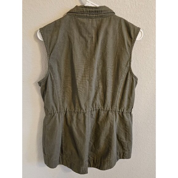Maurices woman SZ L Long Military Green Vest Pockets Cinched Waist Grunge Cotton - Picture 2 of 7